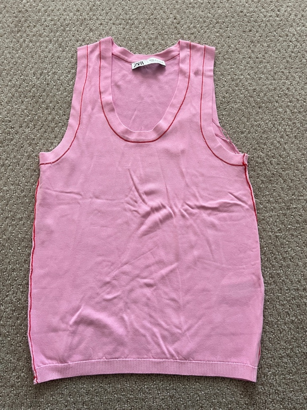 Zara Pink Knit Tank with Red Contrast Stitching